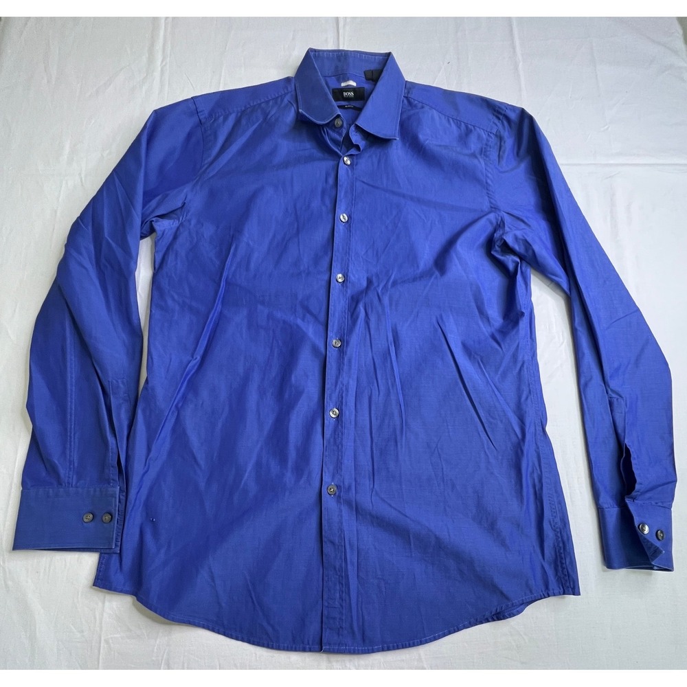 BOSS Slim Fit Dress Shirt 16.5 42 Blue Long‎ Sleeve Button Up Mens